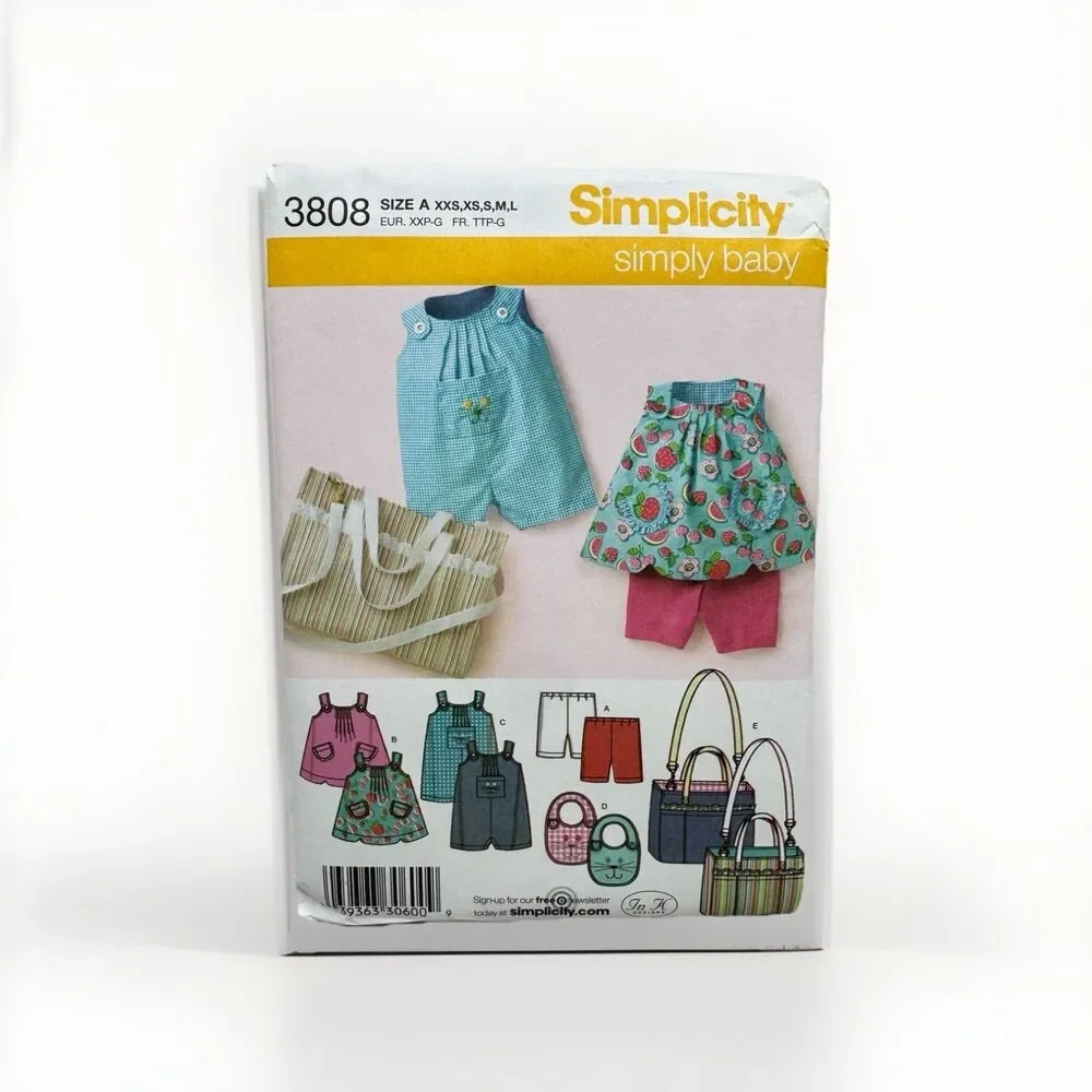 Simplicity 3808 Sewing Pattern Simply Baby Top Romper Bib Diaper Bag Shorts